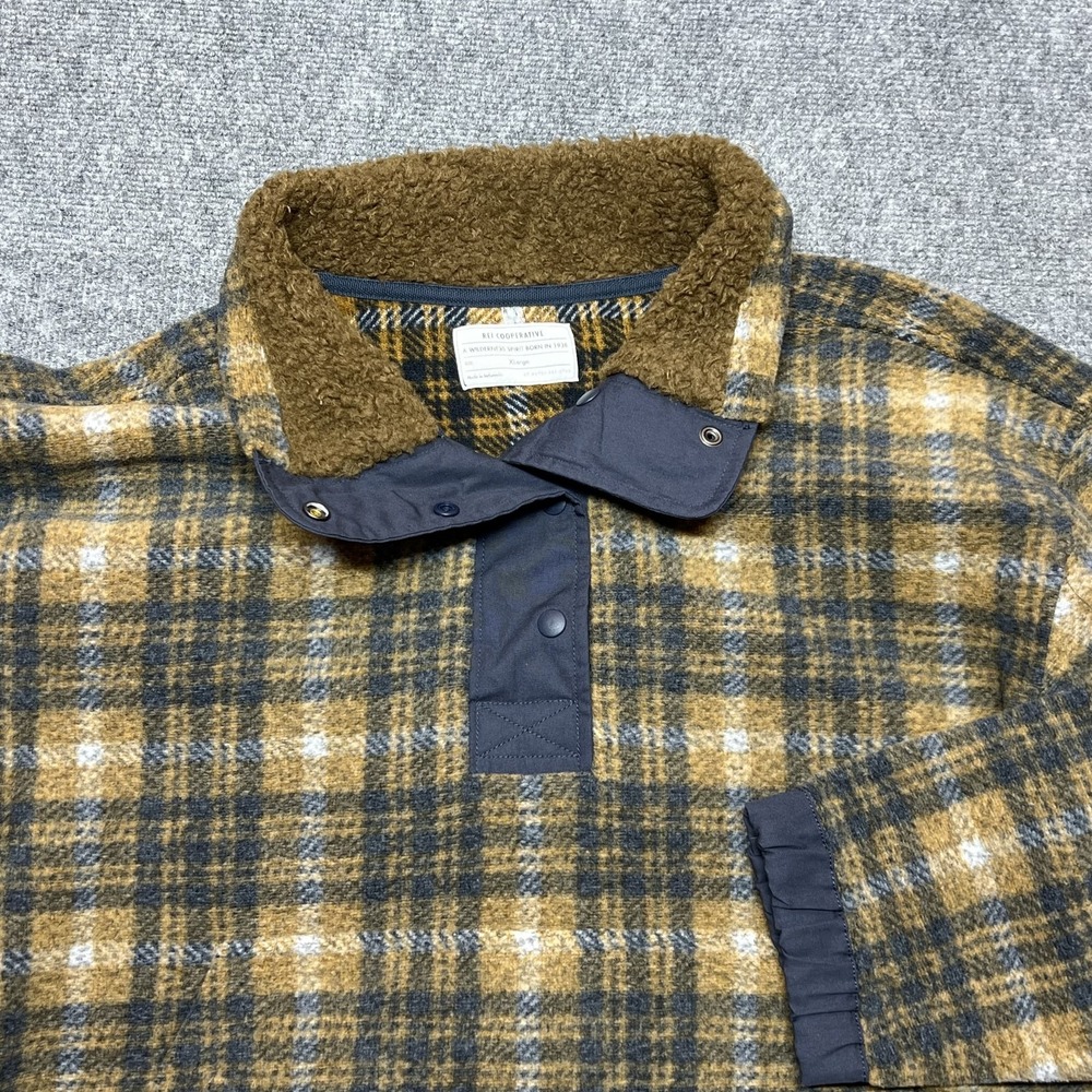 REI Cooperative Jacket Womens XL Brown Plaid Wool Fleece Anorak Snap Hiking